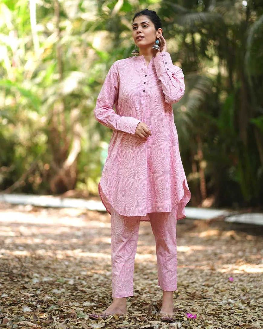 Radiant Roses Blush Pink Block Printed Kurta Set - MMG