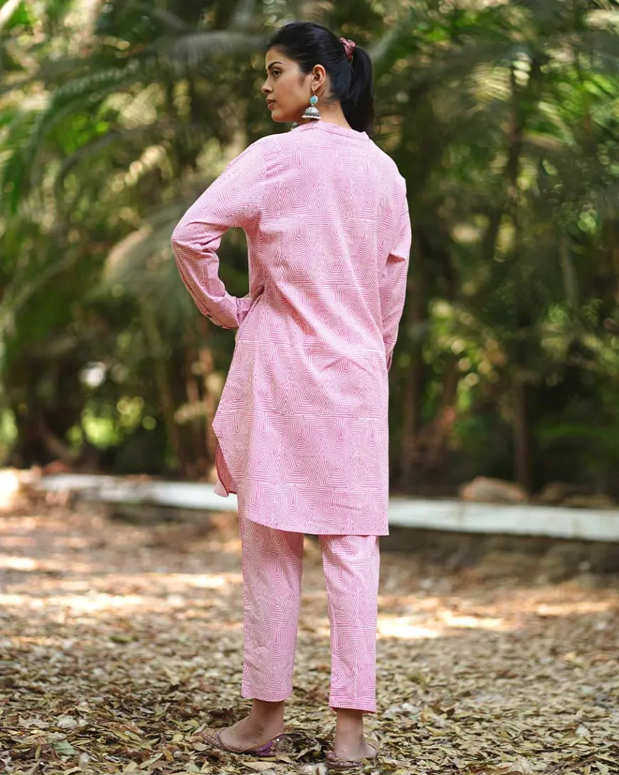 Radiant Roses Blush Pink Block Printed Kurta Set - MMG