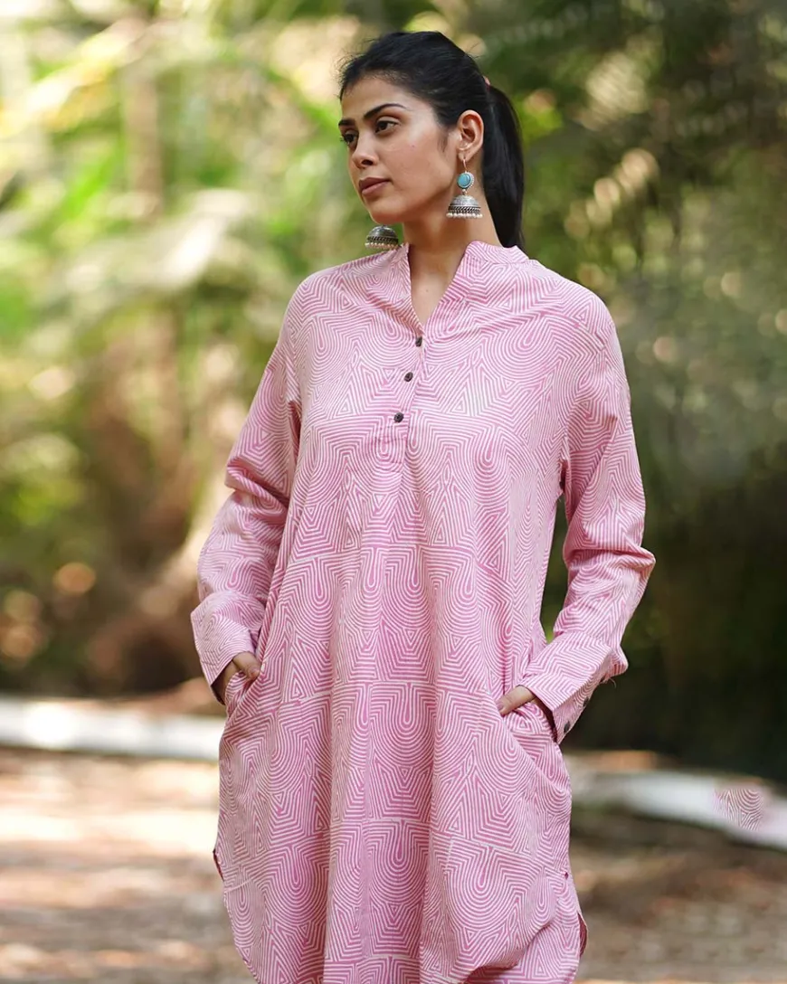 Radiant Roses Blush Pink Block Printed Kurta Set - MMG