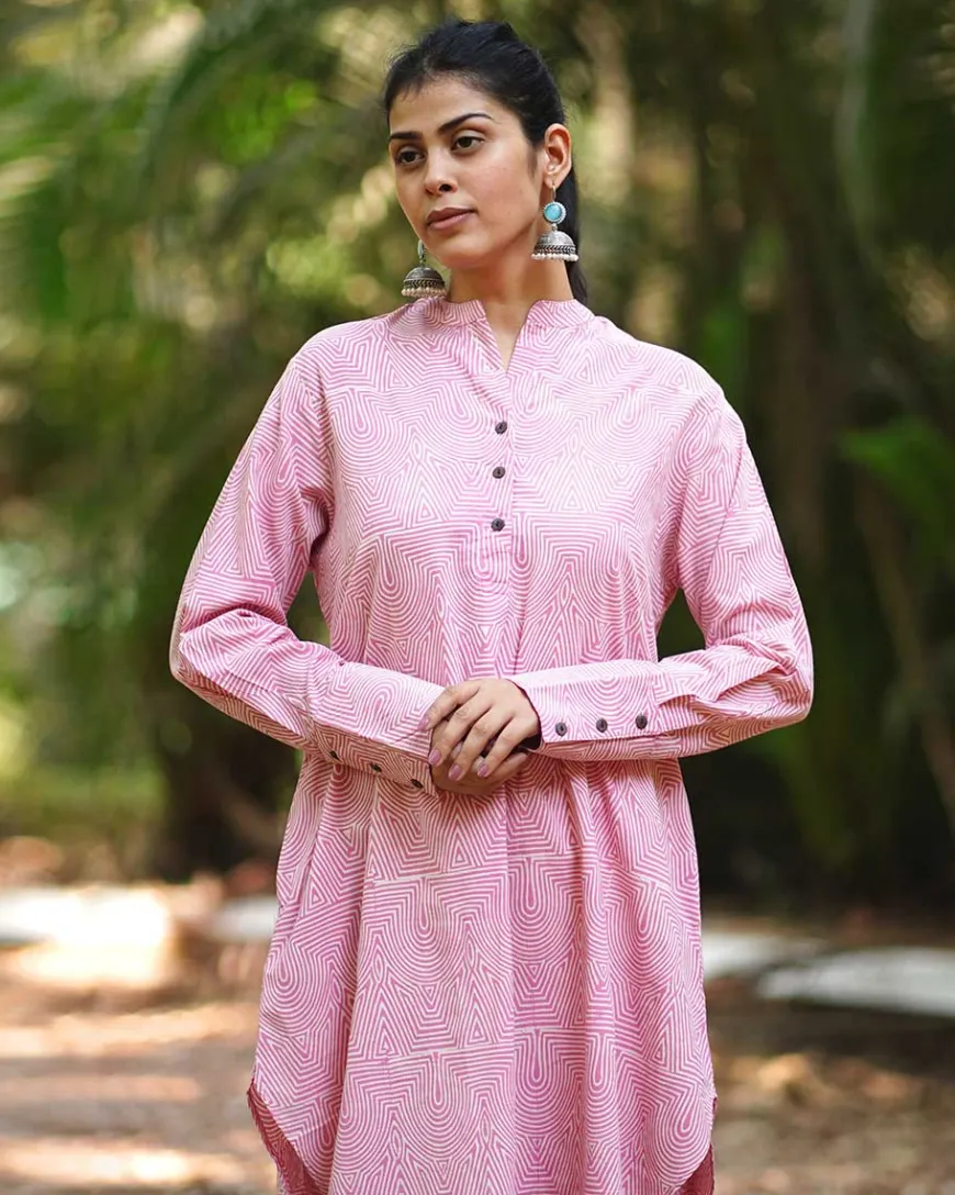 Radiant Roses Blush Pink Block Printed Kurta Set - MMG