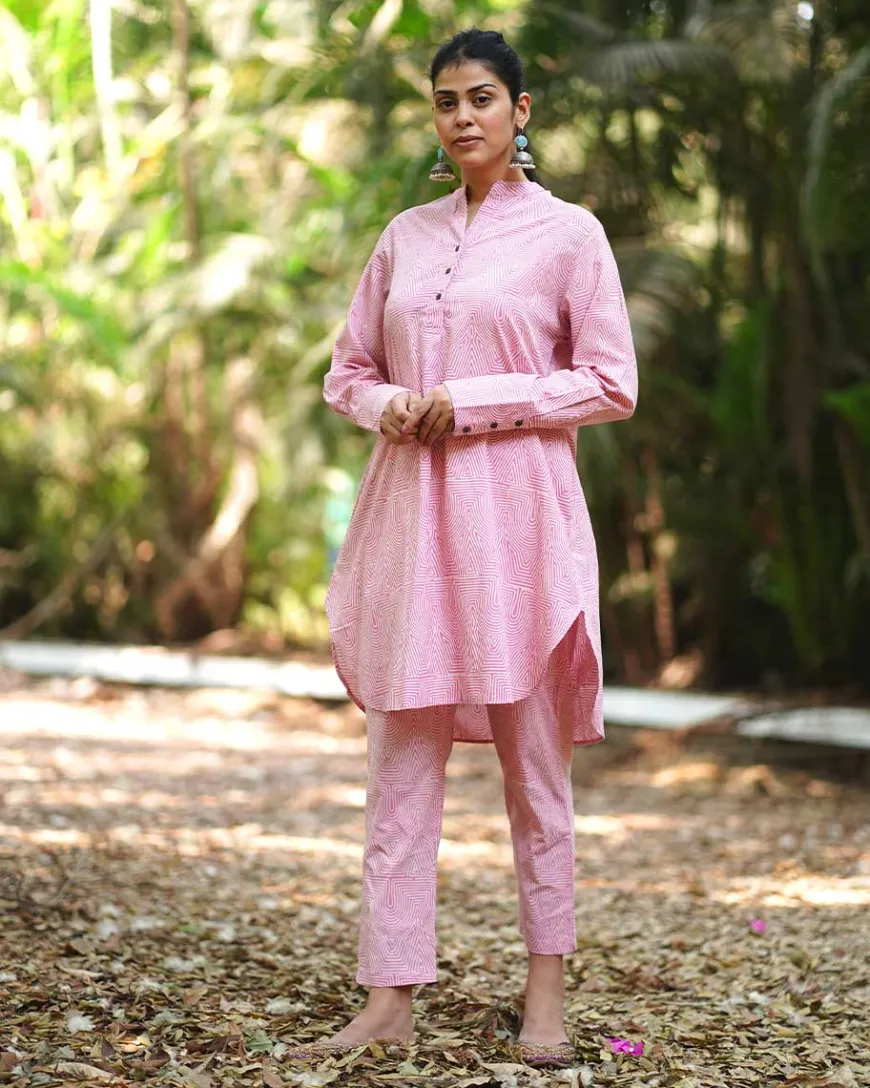 Radiant Roses Blush Pink Block Printed Kurta Set - MMG
