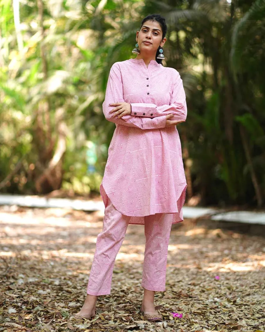 Radiant Roses Blush Pink Block Printed Kurta Set - MMG
