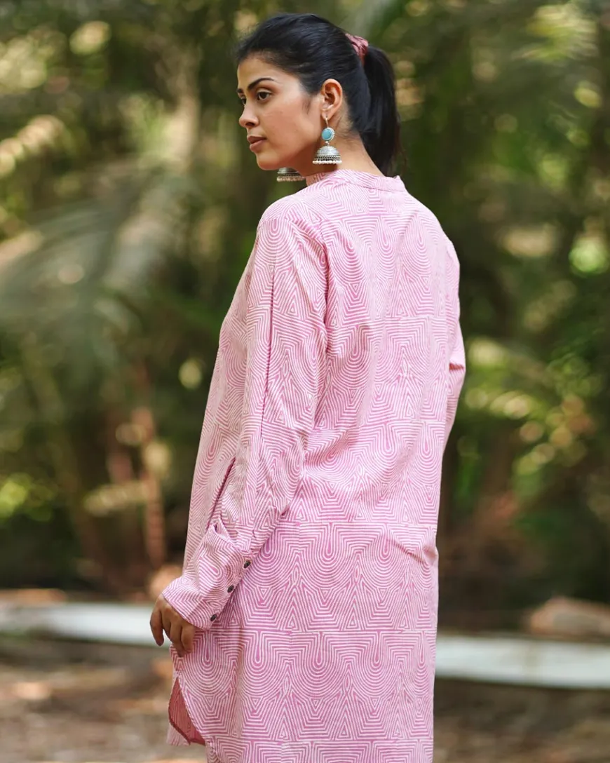Radiant Roses Blush Pink Block Printed Kurta Set - MMG
