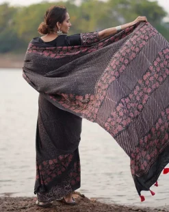 Rahi Blockprinted Modal Silk Saree - Jaisal