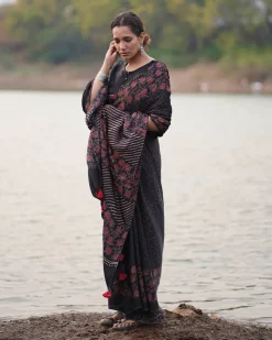 Rahi Blockprinted Modal Silk Saree - Jaisal