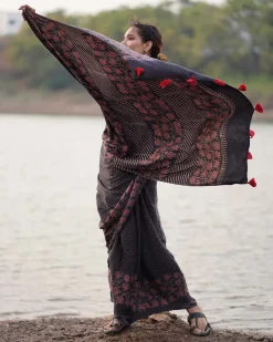 Rahi Blockprinted Modal Silk Saree - Jaisal