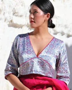 Red & Silver Blockprinted Mashru Silk Blouse-Lagn
