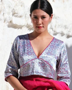 Red & Silver Blockprinted Mashru Silk Blouse-Lagn
