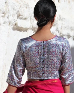 Red & Silver Blockprinted Mashru Silk Blouse-Lagn