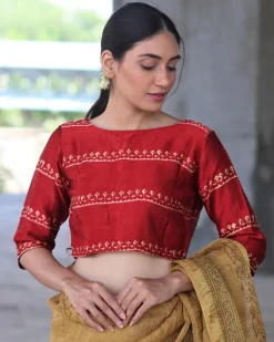 Red Block Printed Blouse In Mashru Silk
