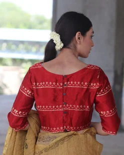 Red Block Printed Blouse In Mashru Silk