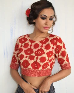 Red Block Printed Cotton Crop Top Blouse