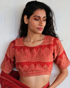 Red Block Printed  Cotton Crop Top Blouse - Butterflygirls
