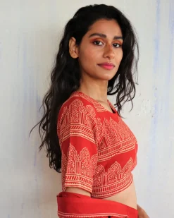 Red Block Printed  Cotton Crop Top Blouse - Butterflygirls