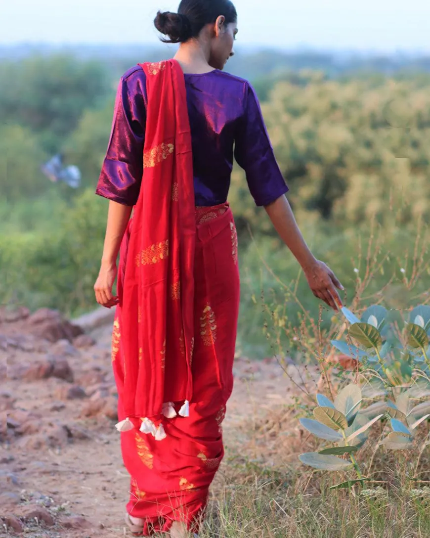 Red Blockprinted Modal Silk Saree - Rang