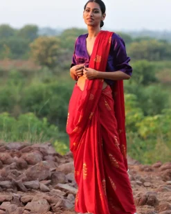 Red Blockprinted Modal Silk Saree - Rang