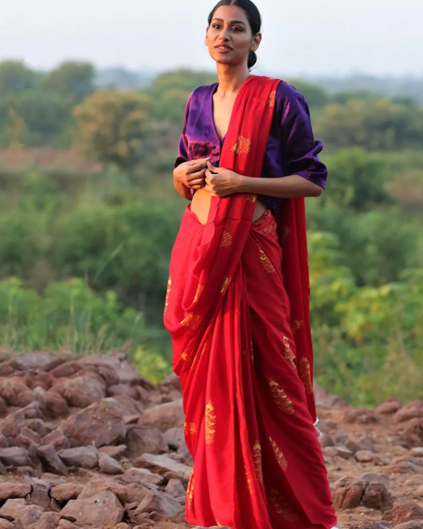 Red Blockprinted Modal Silk Saree - Rang