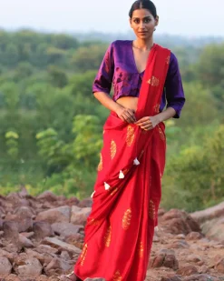 Red Blockprinted Modal Silk Saree - Rang