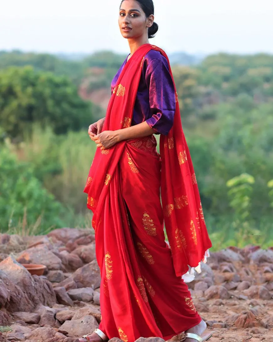 Red Blockprinted Modal Silk Saree - Rang