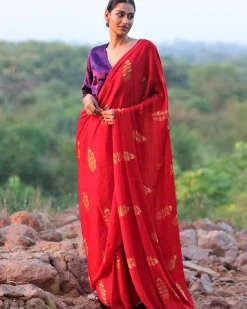Red Blockprinted Modal Silk Saree - Rang