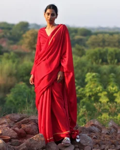 Red Blockprinted Modal Silk Saree - Rang