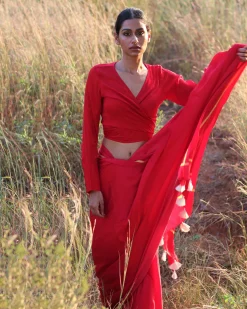 Red Blockprinted Modal Silk Saree - Rang
