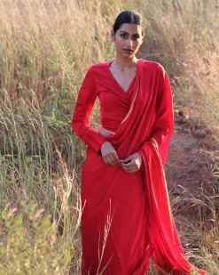 Red Blockprinted Modal Silk Saree - Rang
