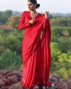 Red Blockprinted Modal Silk Saree - Rang