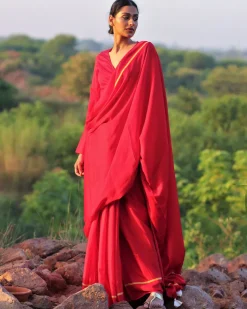 Red Blockprinted Modal Silk Saree - Rang