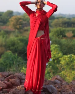 Red Blockprinted Modal Silk Saree - Rang