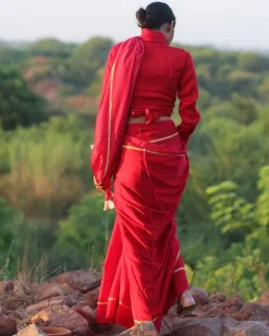 Red Blockprinted Modal Silk Saree - Rang