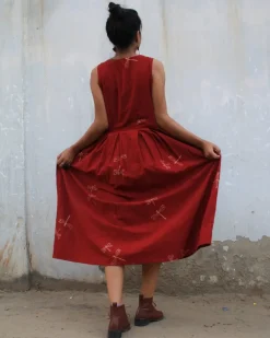 Red Dragonfly Blockprinted Cotton Dress