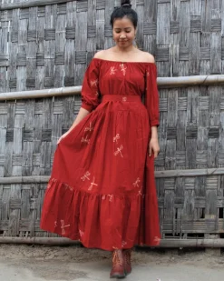 Red Dragonfly Blockprinted Offshoulder Cotton Dress