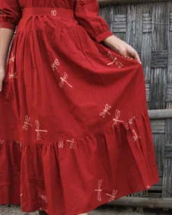 Red Dragonfly Blockprinted Offshoulder Cotton Dress