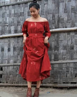 Red Dragonfly Blockprinted Offshoulder Cotton Dress