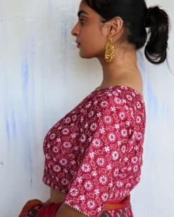 Red Floral Block Printed Chanderi Blouse-Soni