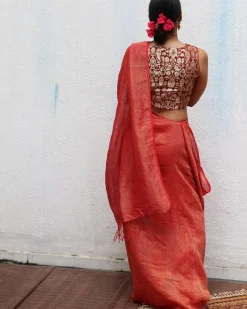 Red Handwoven Linen Zari Saree - TOG