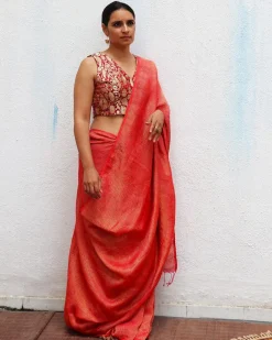 Red Handwoven Linen Zari Saree - TOG