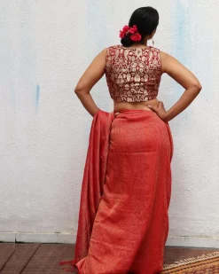 Red Handwoven Linen Zari Saree - TOG