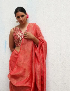 Red Handwoven Linen Zari Saree - TOG