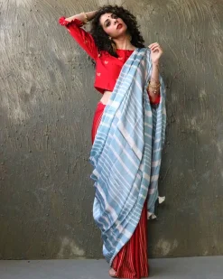 Red-Blue Blockprinted Modal Silk Saree