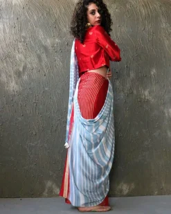 Red-Blue Blockprinted Modal Silk Saree