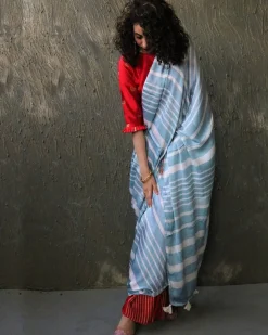 Red-Blue Blockprinted Modal Silk Saree