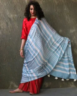 Red-Blue Blockprinted Modal Silk Saree