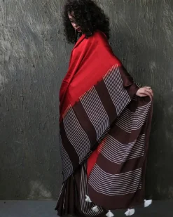 Red-Brown Blockprinted Modal Silk Saree