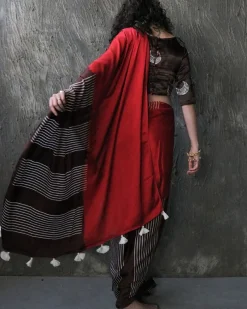 Red-Brown Blockprinted Modal Silk Saree