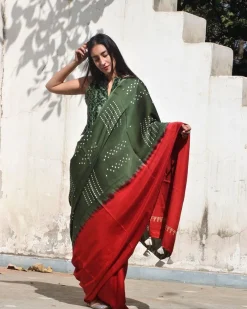Red-Green Block Printed Modal Silk Saree
