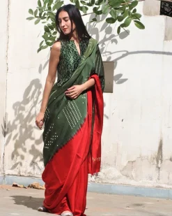 Red-Green Block Printed Modal Silk Saree