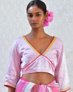 Regal Pink Hand Embroidered Mashru Silk Blouse - Bgvl