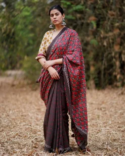 Rimjhim Brown Block Printed Cotton Saree - WW